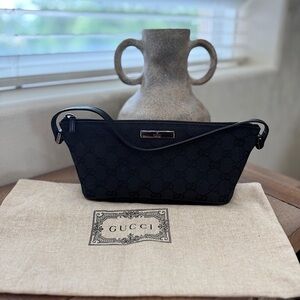 GUCCI Boat Baguette GG Canvas Silver Hardware Leather Mini Handbag Black